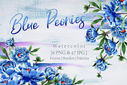 Cool blue Peonies PNG watercolor set