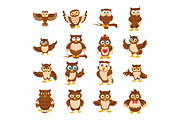 16 Cute Owl Cartoon Flat Icons