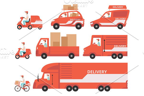 Red delivery vehicles set, express