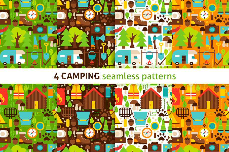 Camping Flat Seamless Patterns
