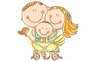 Family with a baby in baby carriage