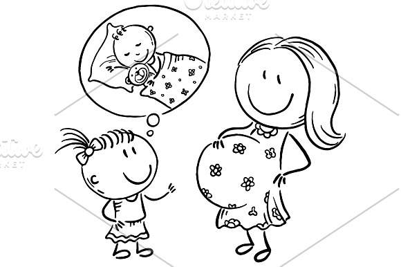 Pregnant mother and little daughter in Illustrations - product preview 1