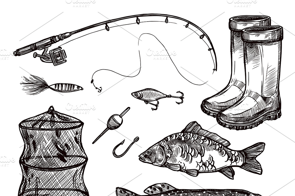 Fishing sketch set in Icons - product preview 8