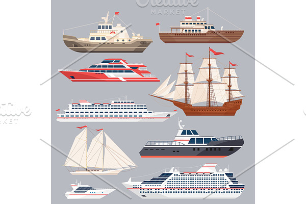 Set of different vessels. Sea boats