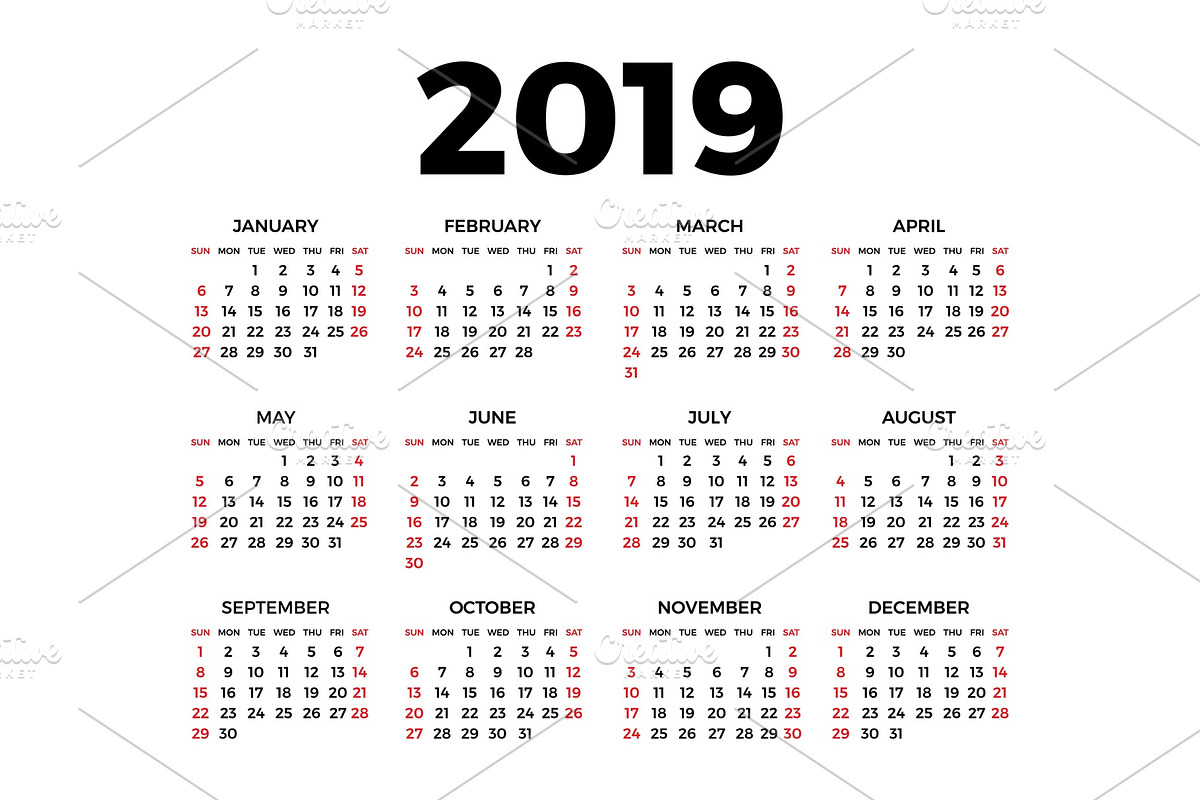 Calendar for 2019 on white in Stationery Templates - product preview 8