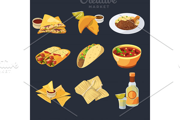 Different mexican foods in cartoon