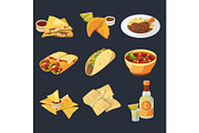 Different mexican foods in cartoon