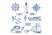 Marine doodles set with ships, boats