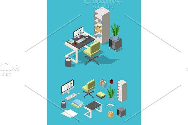 Isometric office workspace with