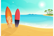 Surfboards in different colors. Sea