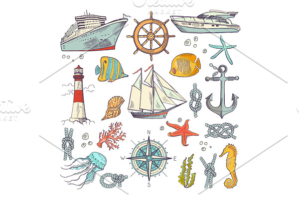 Marine coloring doodle set with