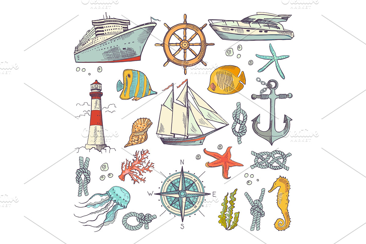 Marine coloring doodle set with in Graphics - product preview 8
