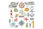 Marine coloring doodle set with