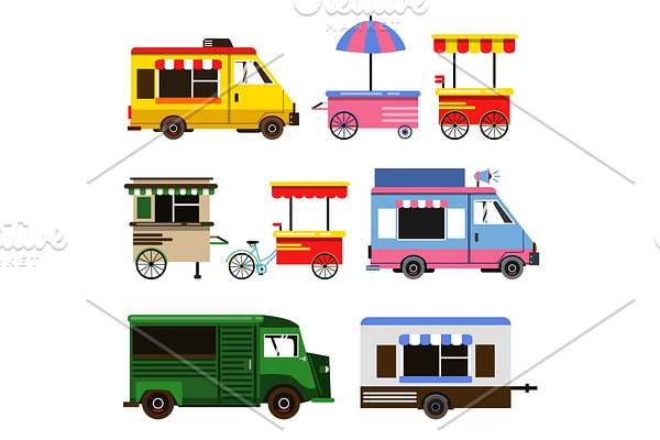 Set of food trucks and bicycles for