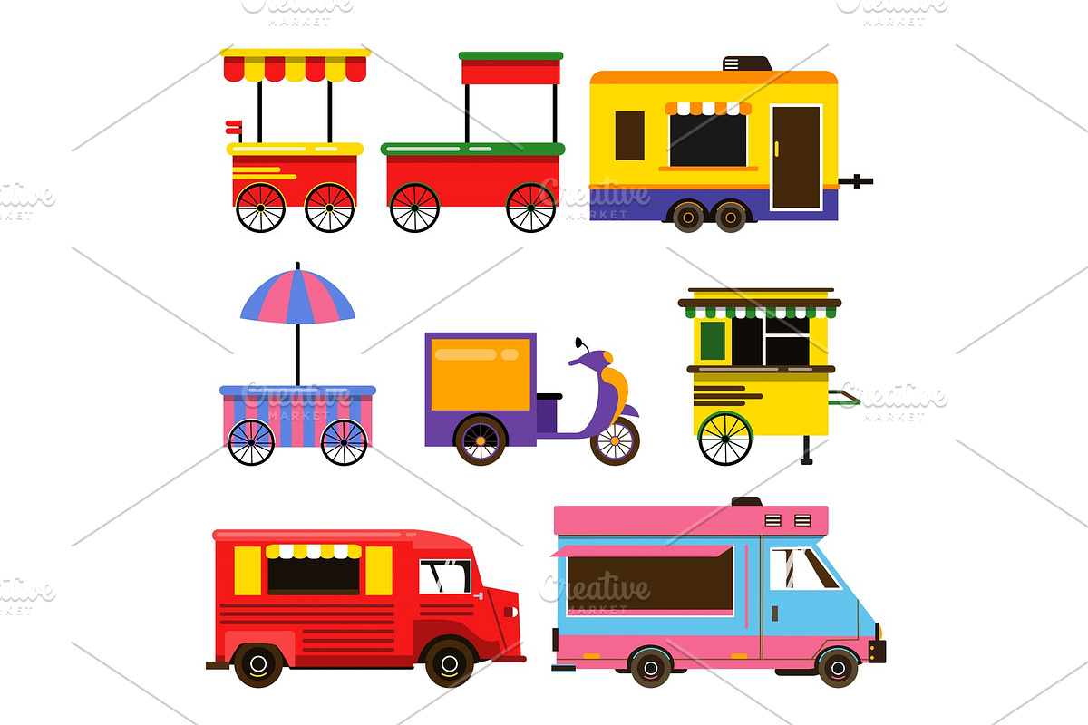Different food trucks set. Vector in Graphics - product preview 8