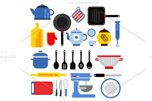 Different kitchen tools set isolated