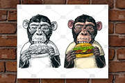 Monkey eat hamburger Engraving