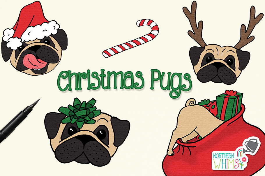 Christmas Pug Illustrations in Illustrations - product preview 8