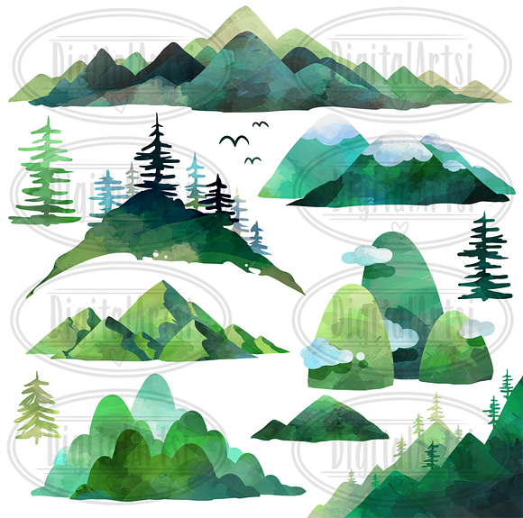Watercolor Mountains Clipart in Illustrations - product preview 1