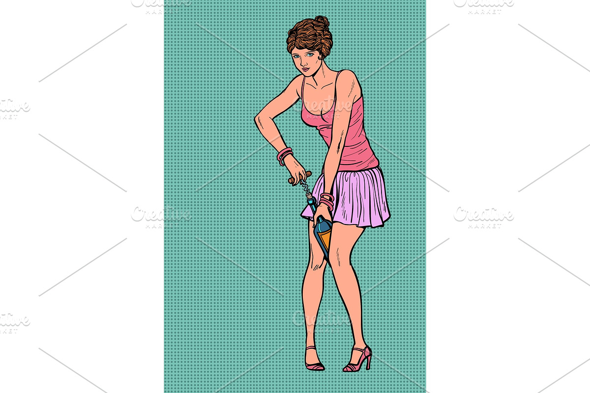 Woman uncorking Champagne in Illustrations - product preview 8