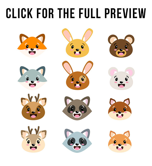Cute Forest Animal Faces Clipart in Illustrations - product preview 2