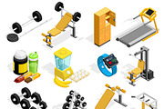 Gym and fitness isometric icons set
