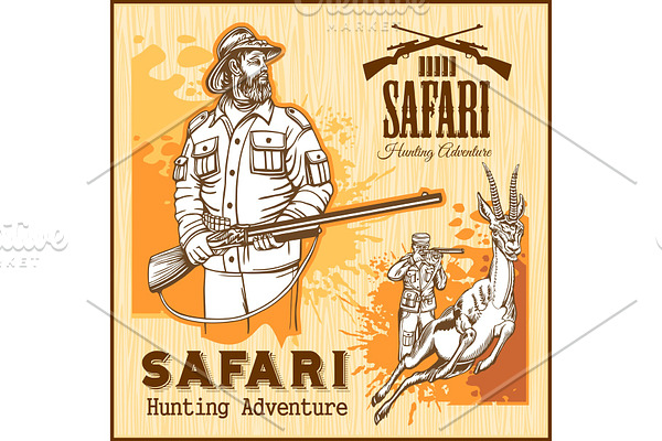 African safari hunting retro poster