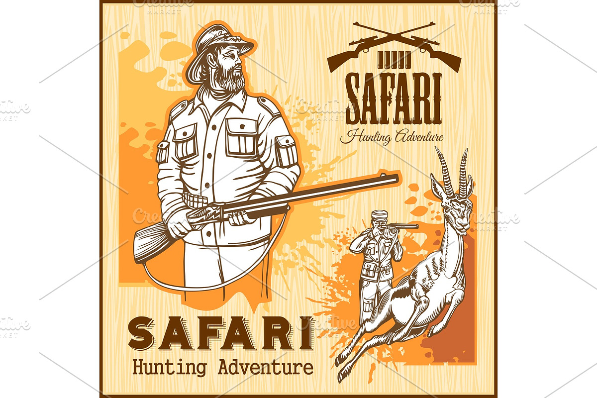 African safari hunting retro poster in Illustrations - product preview 8