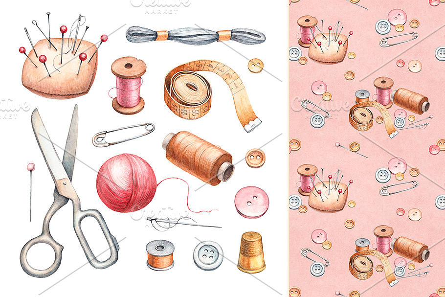 Hand drawn sewing tools in Illustrations - product preview 8