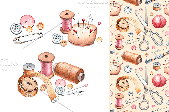 Hand drawn sewing tools in Illustrations - product preview 2