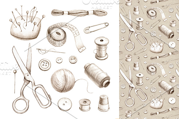 Hand drawn sewing tools in Illustrations - product preview 4