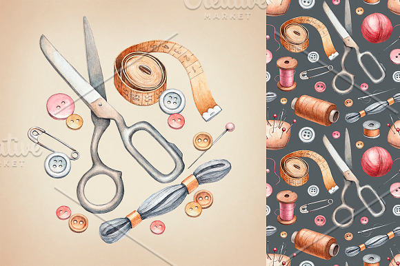 Hand drawn sewing tools in Illustrations - product preview 7