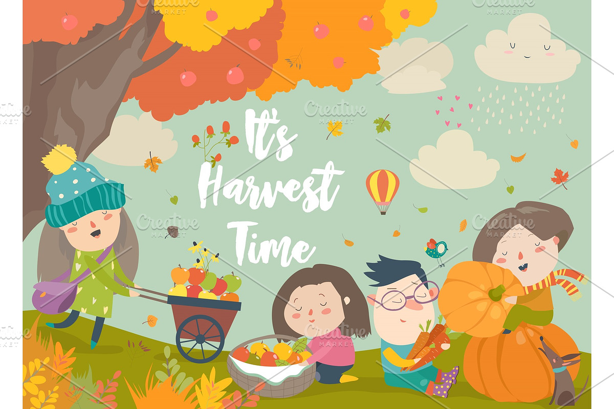 Happy cartoon children harvesting in in Illustrations - product preview 8