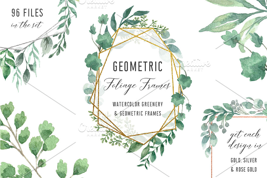 Watercolor Geometric Foliage Frames in Illustrations - product preview 8