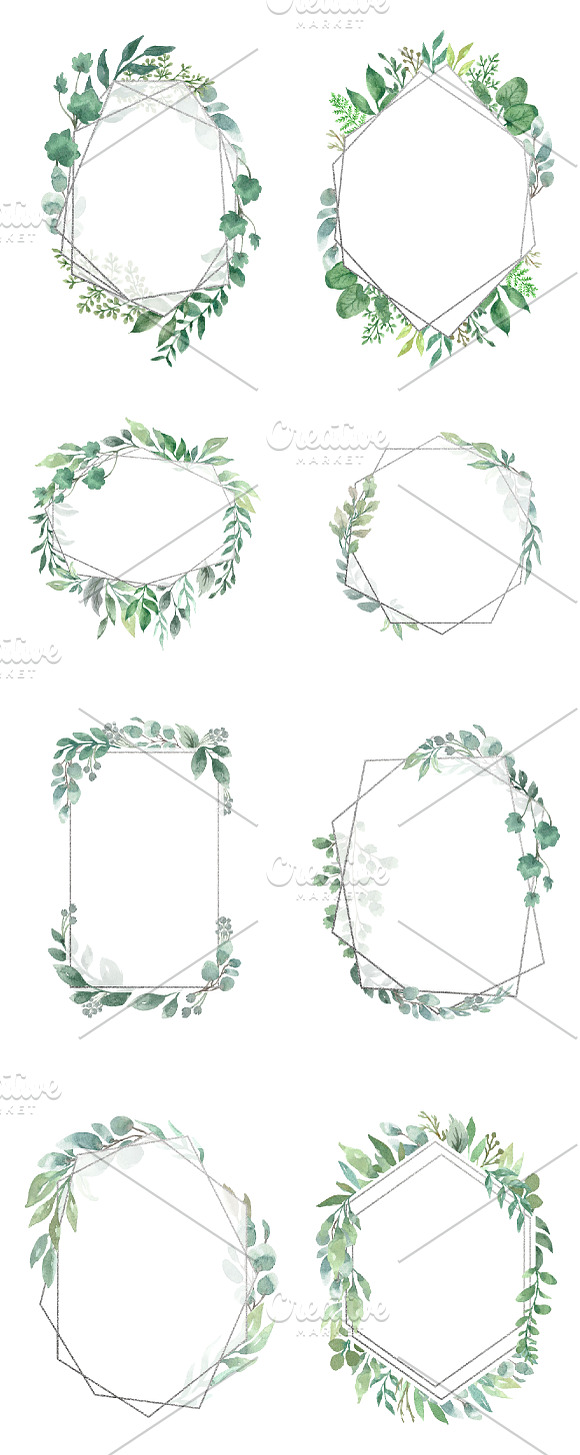 Watercolor Geometric Foliage Frames in Illustrations - product preview 5