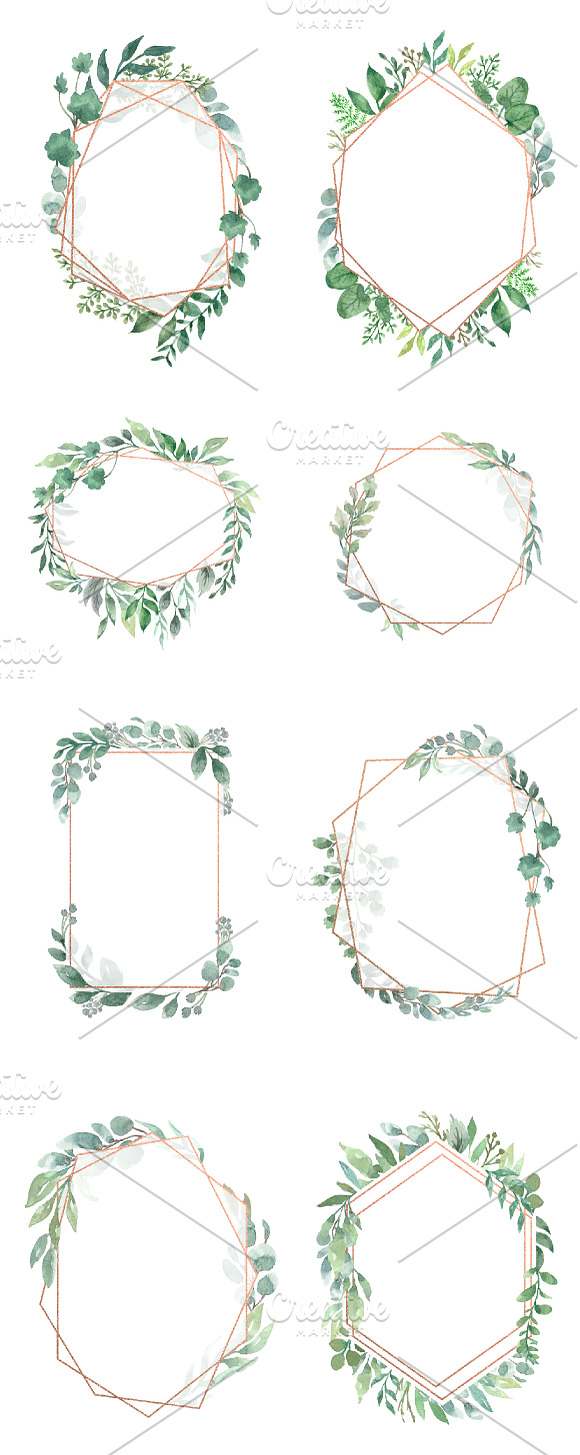 Watercolor Geometric Foliage Frames in Illustrations - product preview 6