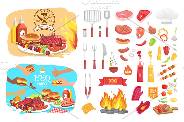 BBQ Party Poster Icons Set Vector