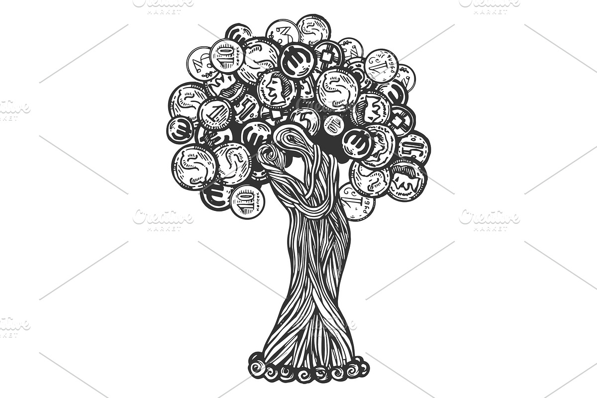 Tree with coins engraving vector in Illustrations - product preview 8