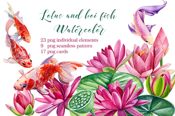 lotus and koi fish, watercolor in Japanese Icons - product preview 8
