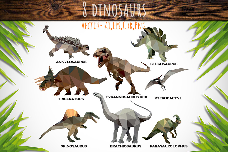 Set of 8 Low Poly Dinosaurs 