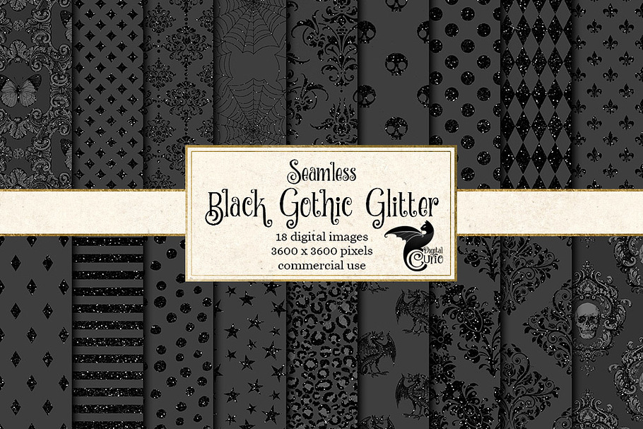 Black Gothic Glitter Digital Paper in Patterns - product preview 8