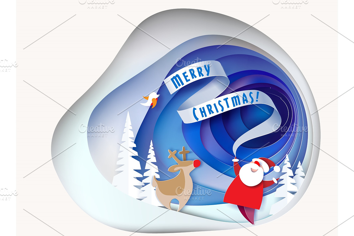 Santa Claus with deer on snowy hill in Objects - product preview 8