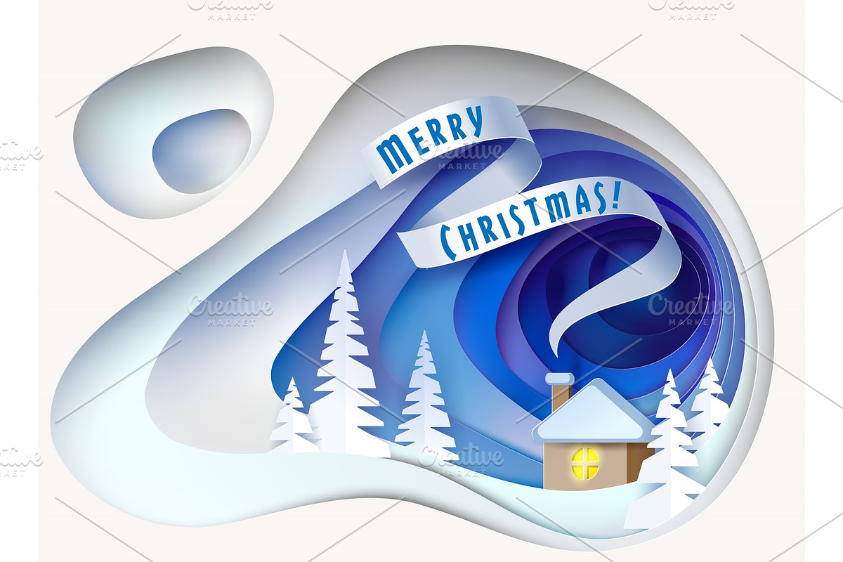 Christmas card. Snowy hill with fur in Objects - product preview 8