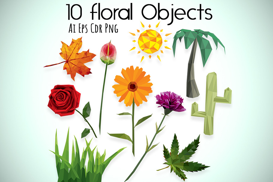 10 Floral Objects Low Poly Style 