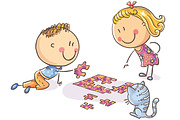 Cartoon kids assembling puzzle