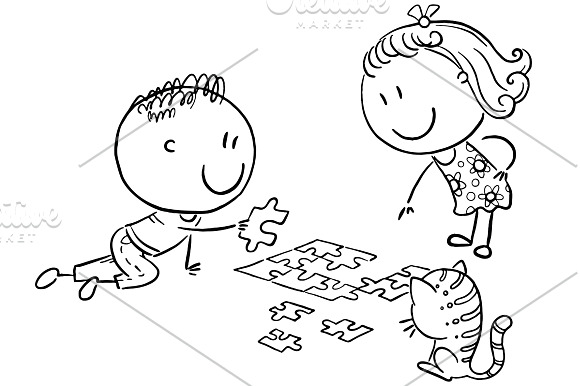 Cartoon kids assembling puzzle in Illustrations - product preview 1