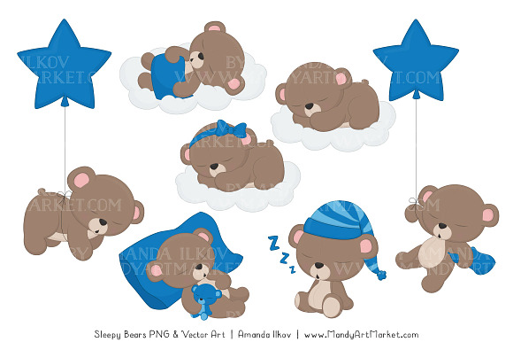 Blue Sleepy Bears Clipart in Illustrations - product preview 2
