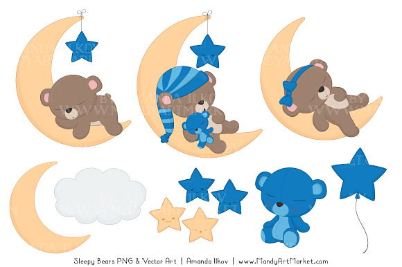 Blue Sleepy Bears Clipart in Illustrations - product preview 3