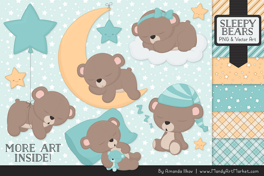 Aqua Sleepy Bears Clipart in Illustrations - product preview 8