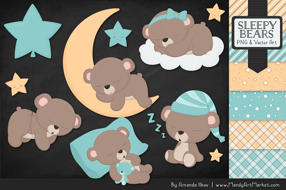 Aqua Sleepy Bears Clipart in Illustrations - product preview 1